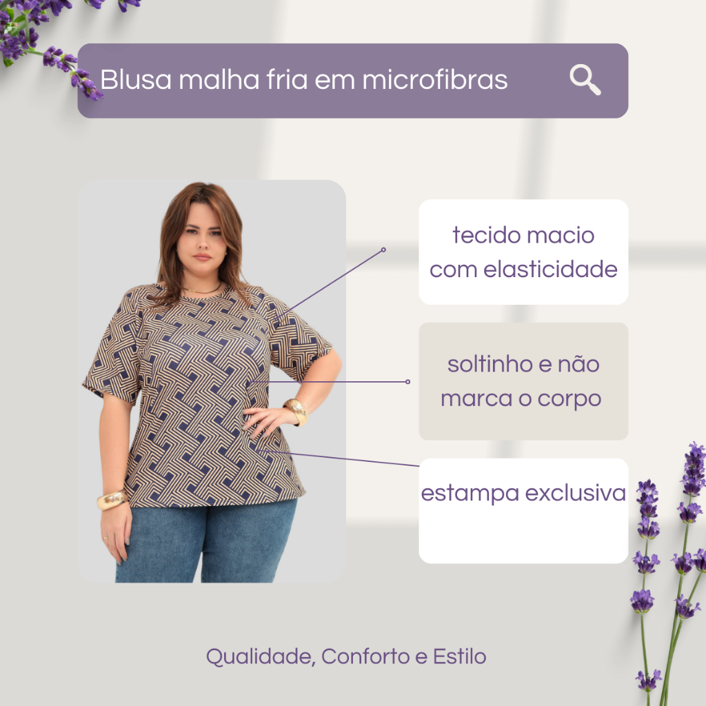 Blusa Plus Size Básico Estampado Confortável Soltinho