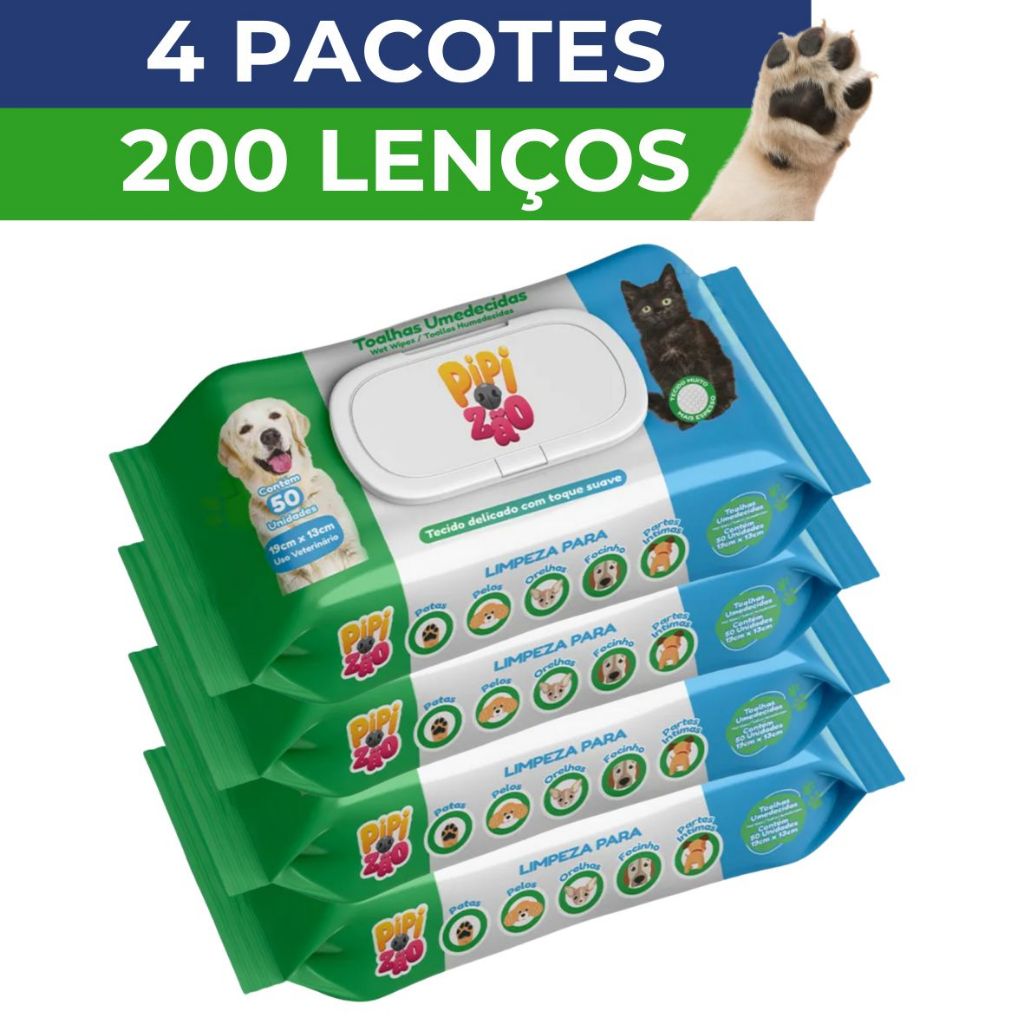 Lenço Umedecido Pet para Cachorro Cães e Gatos 200 Toalha Umedecida Pet Descartável - Kit 4 Pacotes