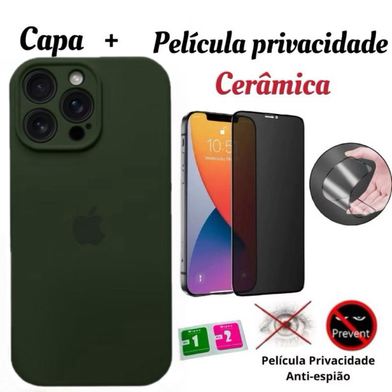 Kit Capa de Silicone Aveludada com proteção de câmera+Película cerâmica privacidade para iphone 12 12Pro 12Promax