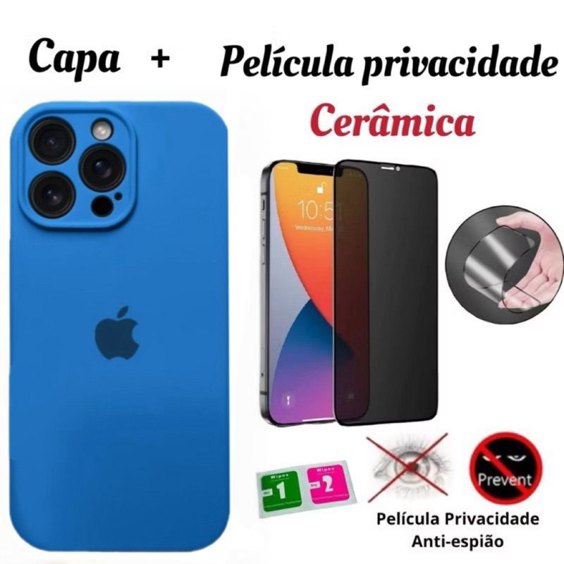 kit Capa capinha silicone aveludado com proteção de câmera+Película cerâmica privacidade para iPhone 12 12pro 12promax