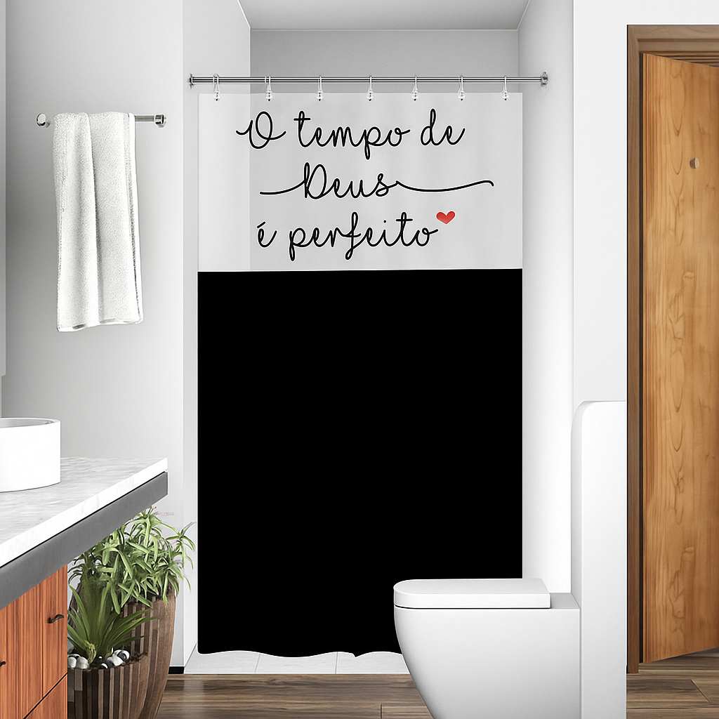 Cortina Box com Visor Frase de Deus Banheiro Anti Mofo Resistente Alta Qualidade 100% PVC