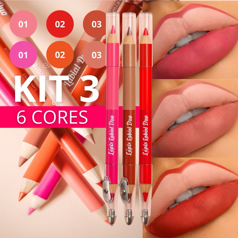 kit 2 ou 3 lápis Labiais 2 em 1 - 6 cores contorno Lábios Boca Nude Rosa Vermelho para Batom Lip Combo