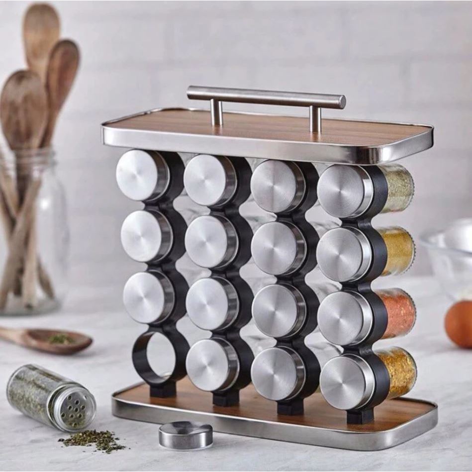 Conjunto Suporte em Madeira e Aço Inox com 16 Potes de Condimentos Vidro 80ml e Peneira Dosadora