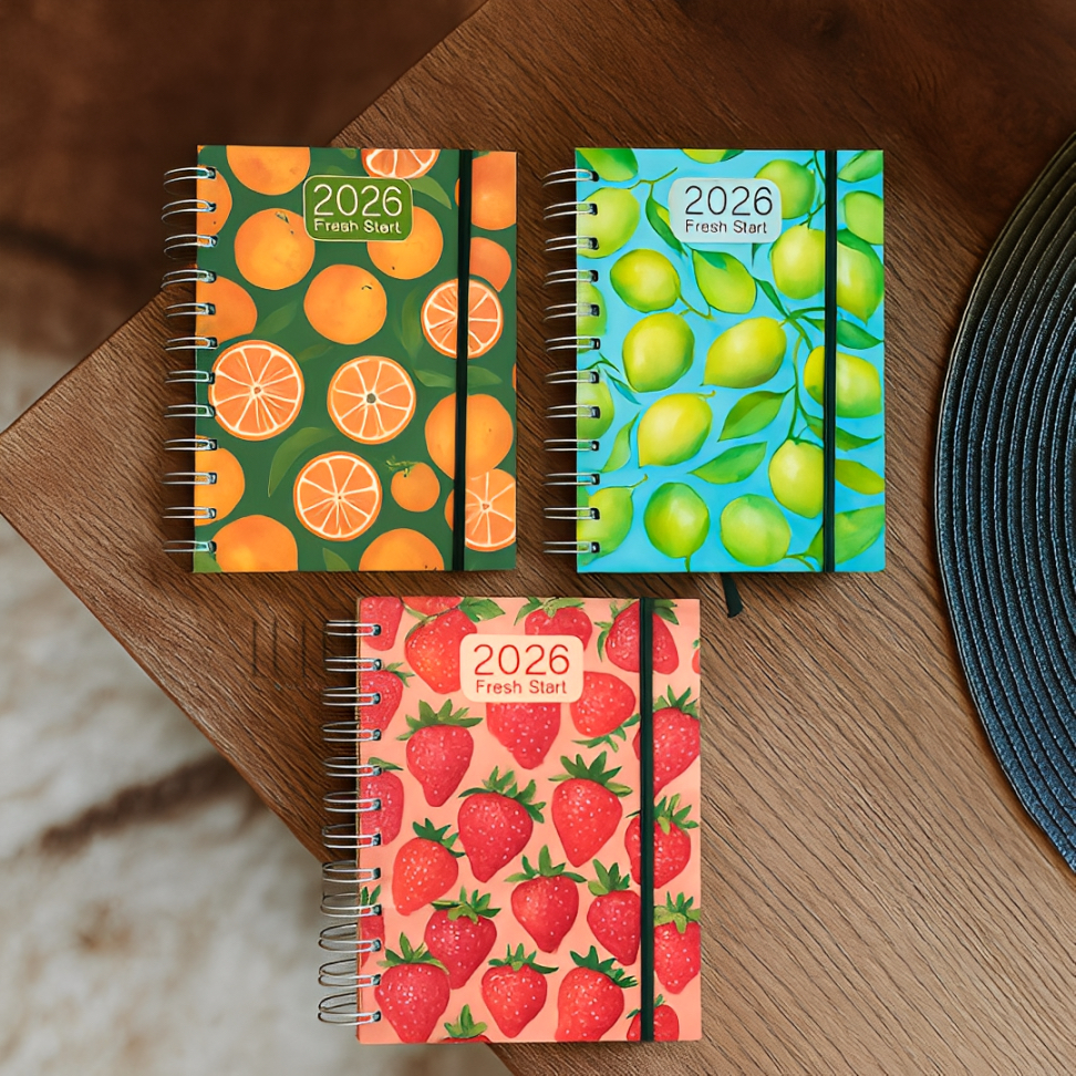 Agenda 2026 Espiral Capa Dura Frutas 11x15cm • 320 Folhas • Organização e Planejamento