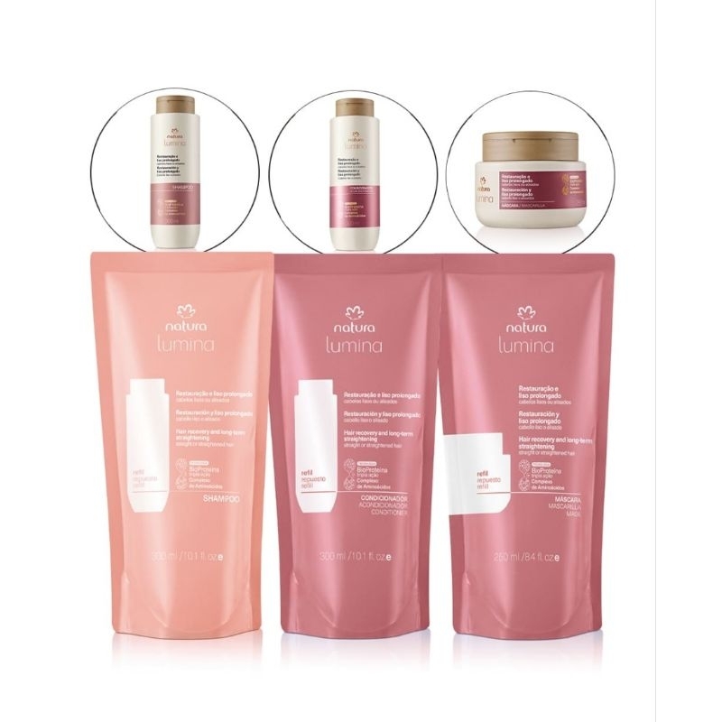 Kit Refil lumina Restauração e liso Prolongado: Shampoo, Condicionador e Máscara em Oferta na Shopee