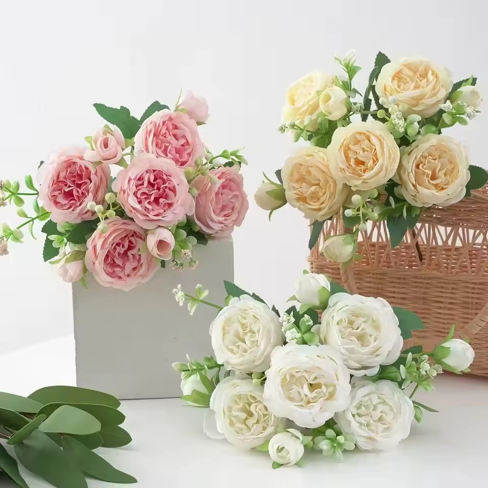 Buquê De Peônia Flores Rosas Artificiais Decoração Artificial Festa Casamento - A-532