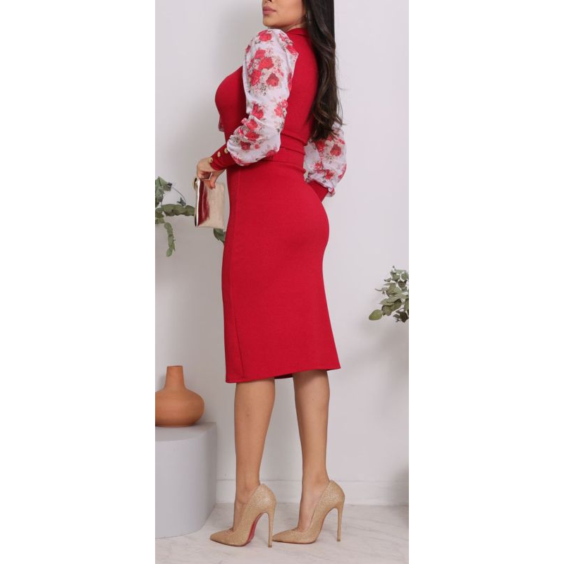 Vestido midi Vestido feminino vestido manga longa Vestido Moda evangelica Vestido justo Vestido com gravata vermelho