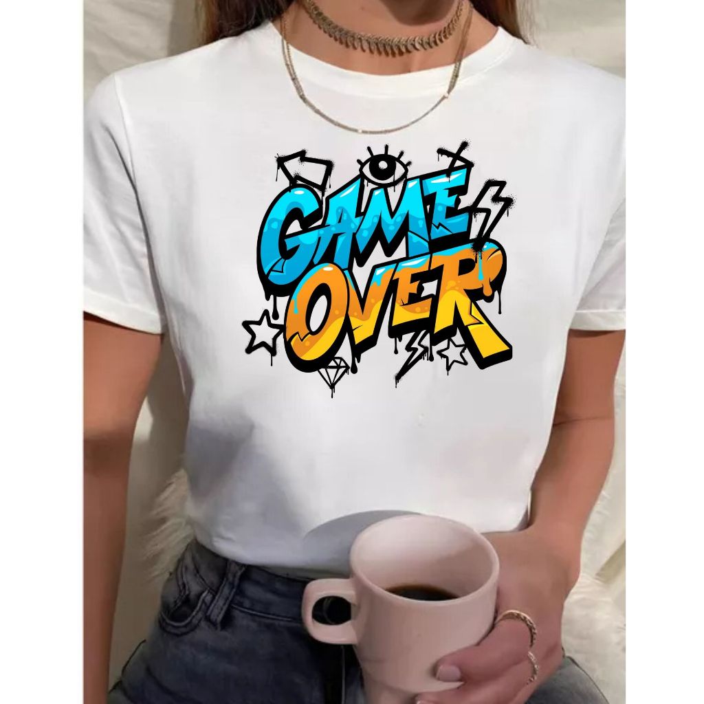 Blusa Feminina Estilosa Game Over lançamento T-Shirt Camiseta Algodão + Brinde