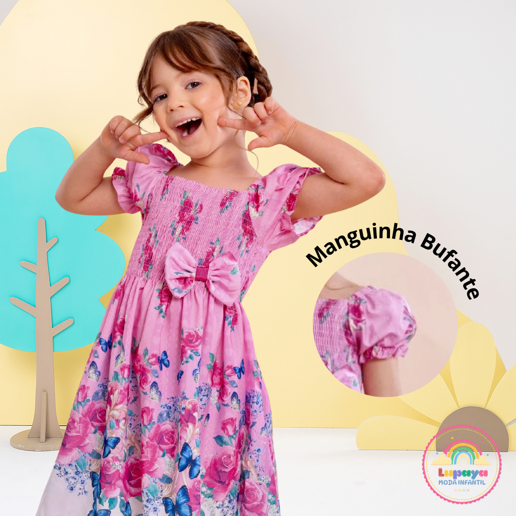 Vestido infantil menina de festa estampa jardim encantado rosa com borboletas de princesa barato