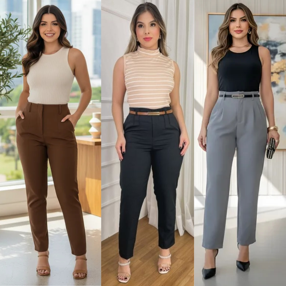 Calça Feminina Alfaiataria Cintura Alta Com Ziper na Lateral ACOMPANHA CINTO Tendência