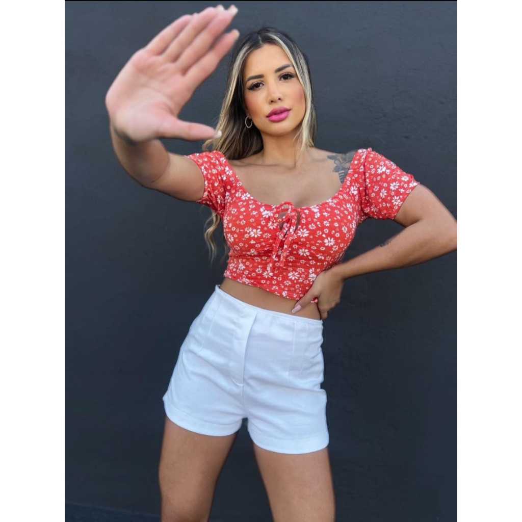 Blusa Cropped com bojo Estampada - Moda Feminina Veraõ 2025 em Oferta na Shopee