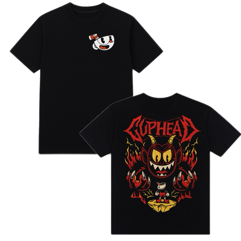 Camiseta Streetwear Oversized Masculina Estampada Camisa Nerd Game Gamer Cuphead Serie Cabeça de Xícara Video Game