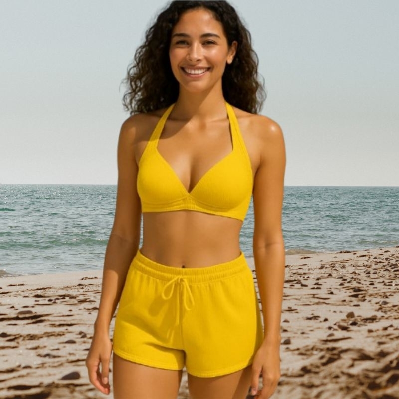 kit de biquíne com bojo e  com short, Amarelo calcinha asa-Delta moda praia feminino para o verão moda feminina