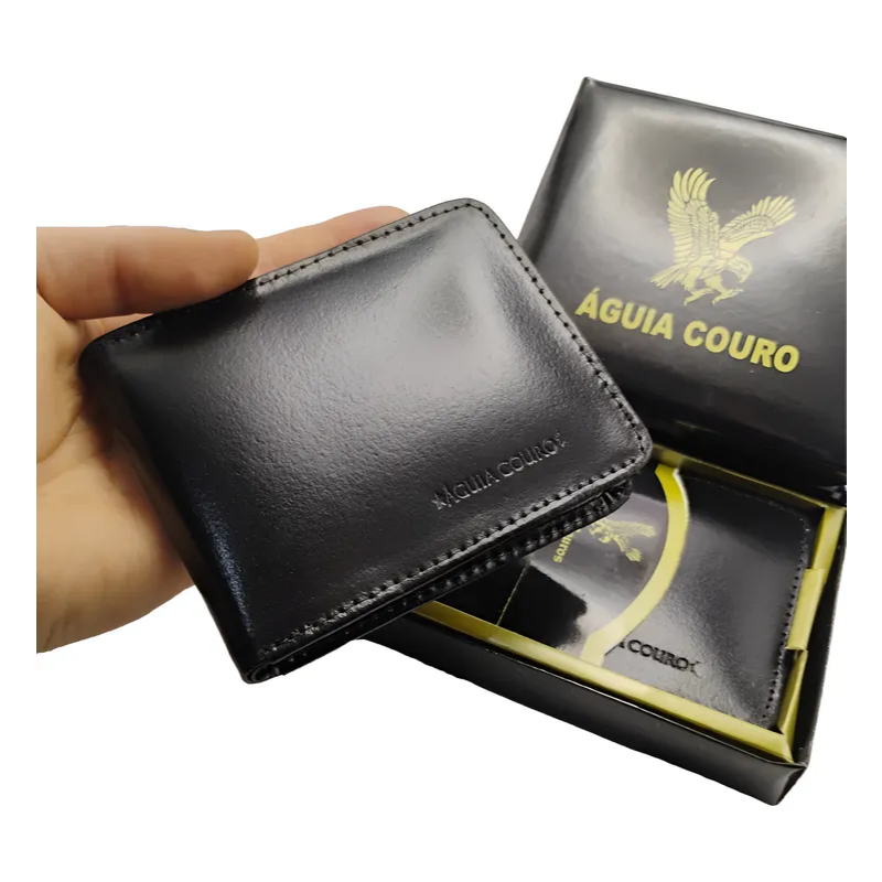 Carteira Masculina Couro 100% Legítimo Premium com Porta Cartão e Moedas RG CNH CIN + Caixa Presente