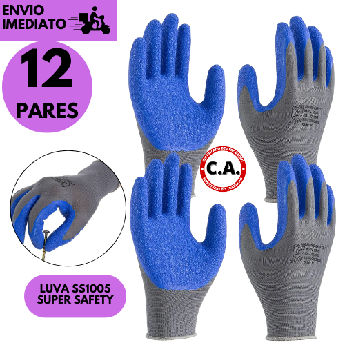 Kits 12 ou 6 Par Luva Super Safety 1005  Reforçada Para Uso Doméstico e Industrial Antiderrapante