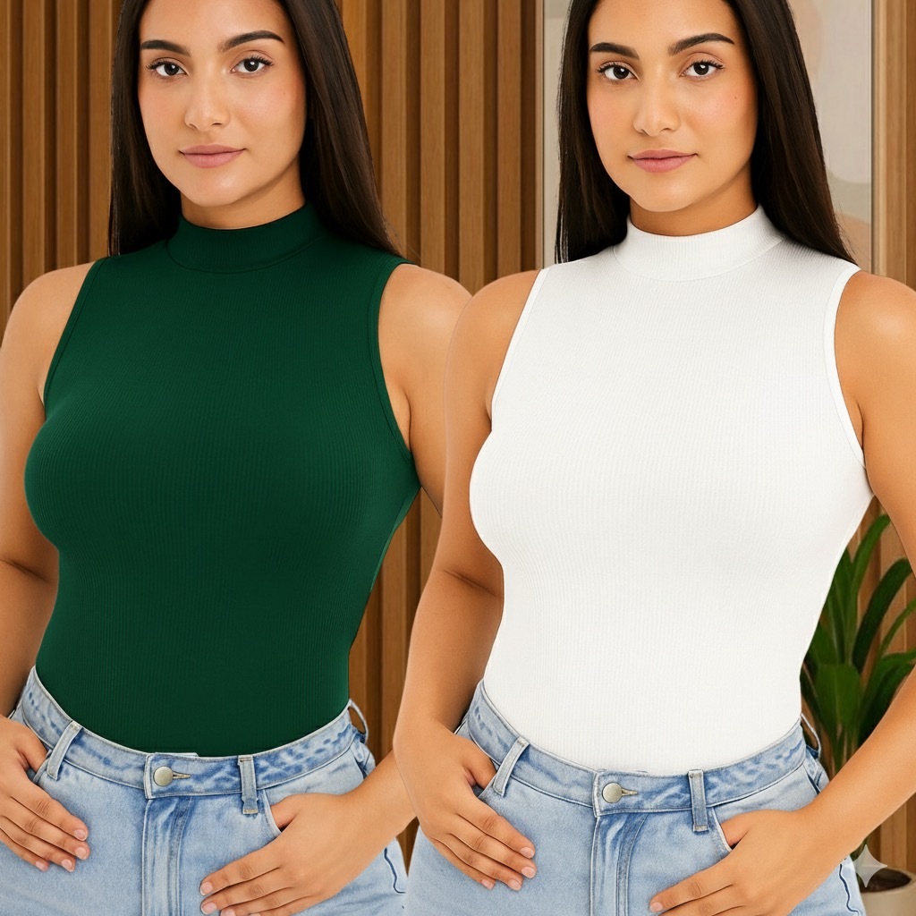 Blusa Gola Alta Básica  Regata Malha Canelada Ribana em Oferta na Shopee