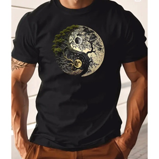 Camiseta Masculina com Gráfico de Árvore Yin Yang - Verde Escuro, Manga Curta Casual para o Verão 100% Algodão em Oferta na Shopee