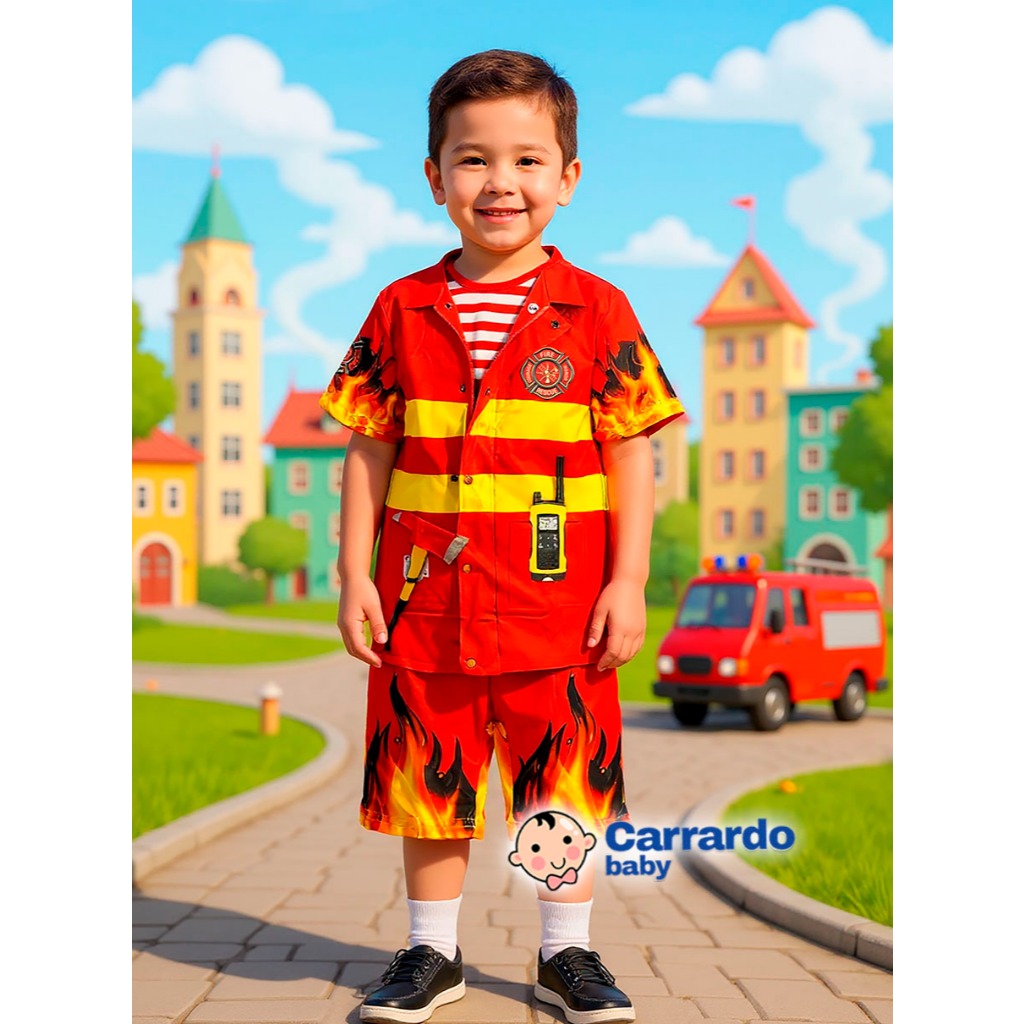 Fantasia Infantil Menino Uniforme Bombeiro Civil Roupa de Profissões Festa Cosplay Presente