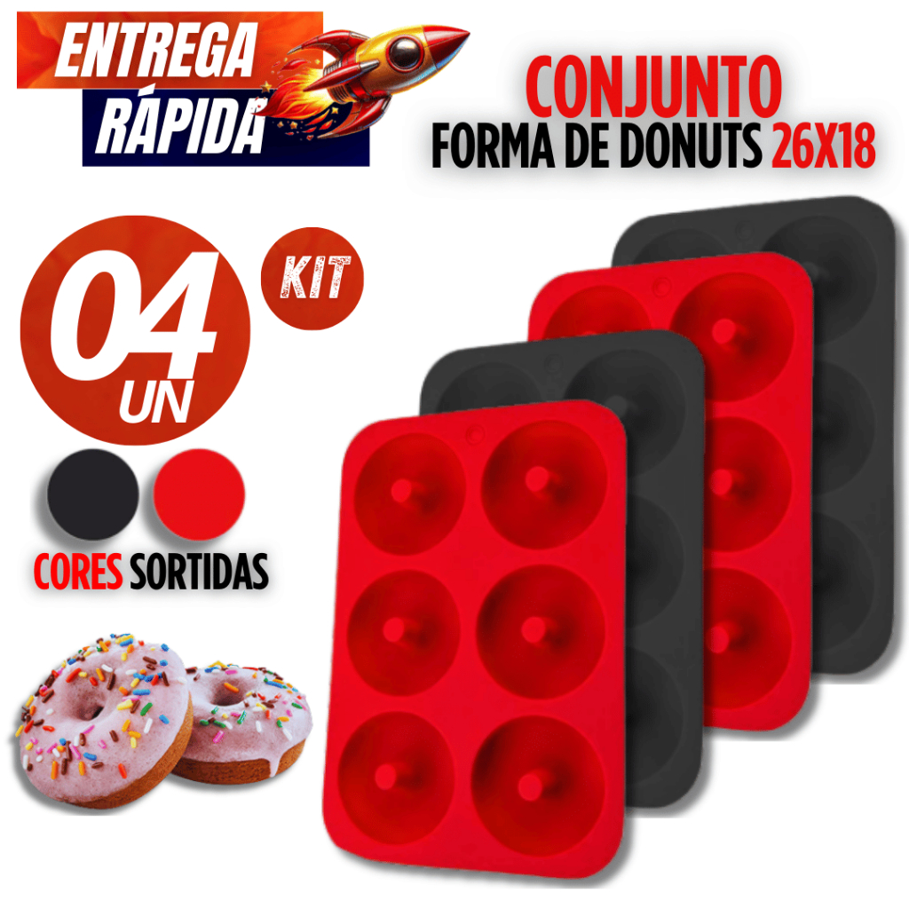 Conjunto 04/02 Peças - Formas Donuts 6 Cavidades 26Cm De Rosquinhas De Silicone Resistente Preto Ou Vermelho Premium