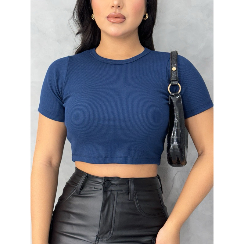 Cropped Feminino Blusinha Manga Curta Canelado Gola Redonda Algodao Academia Fitnees