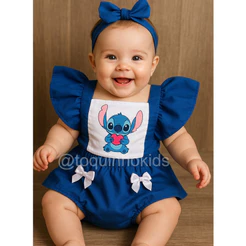 Jardineira romper Bebê menina stitch mêsversario