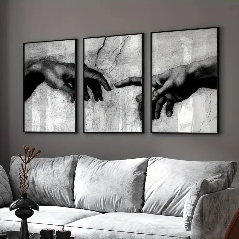 Kit 3 Quadros Criação de Adão Mãos Michelangelo Clássico Abstrato Preto e Branco Moderno Decorativo🎨