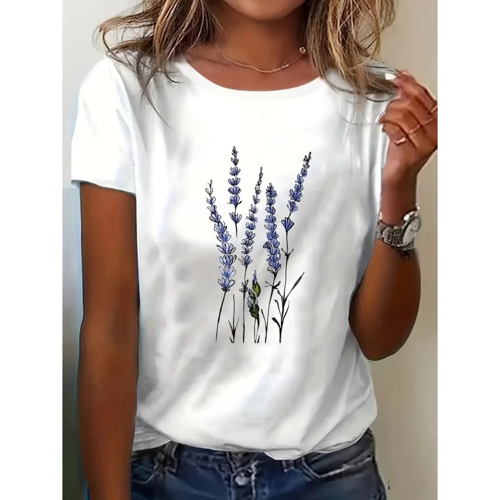 Camiseta Casual Feminina de Verão com Estampa Floral Lavanda Blusa Inspirada na Coreia Gola Redonda