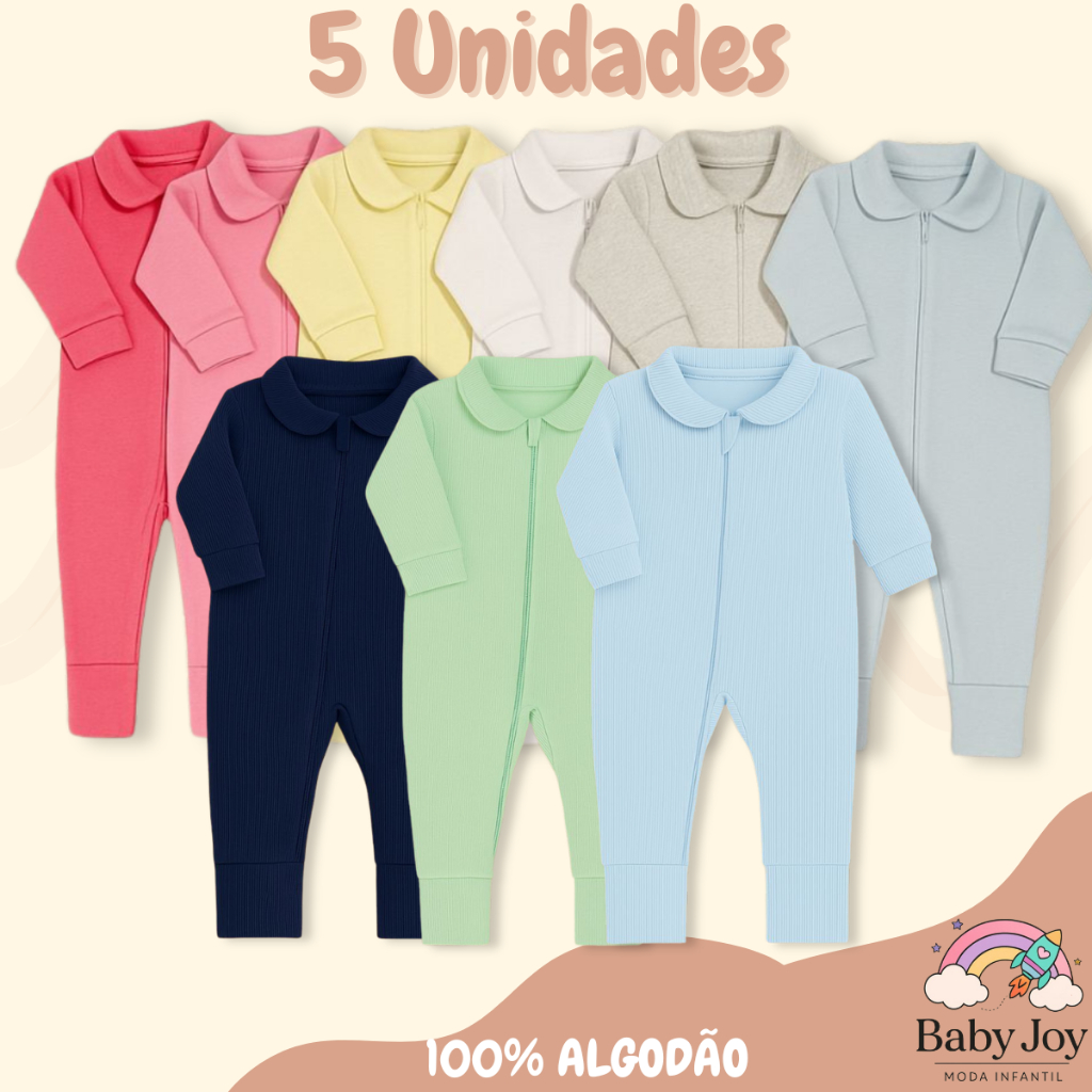 Kit 5 Macacão Longo Bebê Ribana Algodão com Zíper Menina Menino Top Envio Imediato