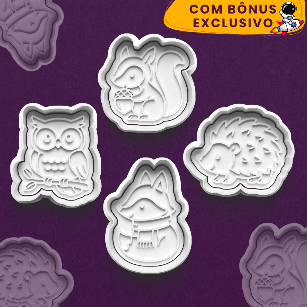 Kit Cortador de Biscoito Animais do Outono Coruja Esquilo Raposa Porco Espinho + eBook de Receitas