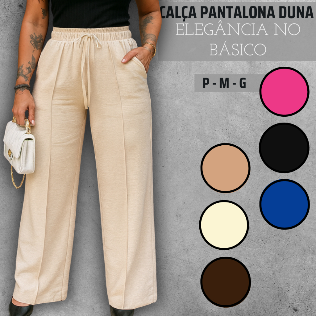 Calça Pantalona Feminina Wide leg Tecido Duna De Cordinha Cintura Alta Com Bolso Flare Folgadinha