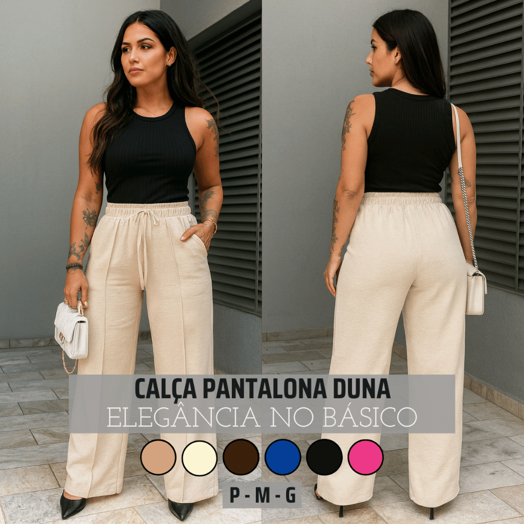 Calça Pantalona Wide leg Feminina Tecido Duna Cintura Alta Com Bolso Flare Folgadinha De Cordinha