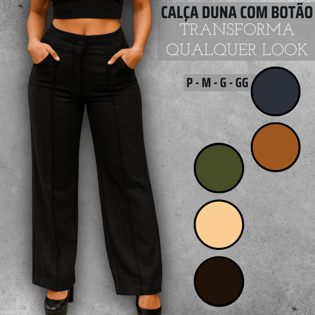 Calça Wide leg Pantalona Feminina Tecido Duna Cintura Alta Folgadinha Com Bolso Forro e Botão Flare