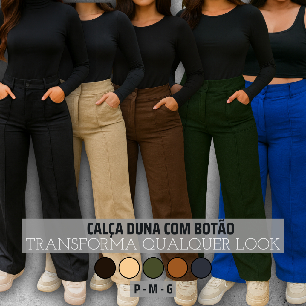 Calça Pantalona Wide leg Feminina Tecido Duna Cintura Alta Com Bolso Forro e Botão Flare Folgadinha