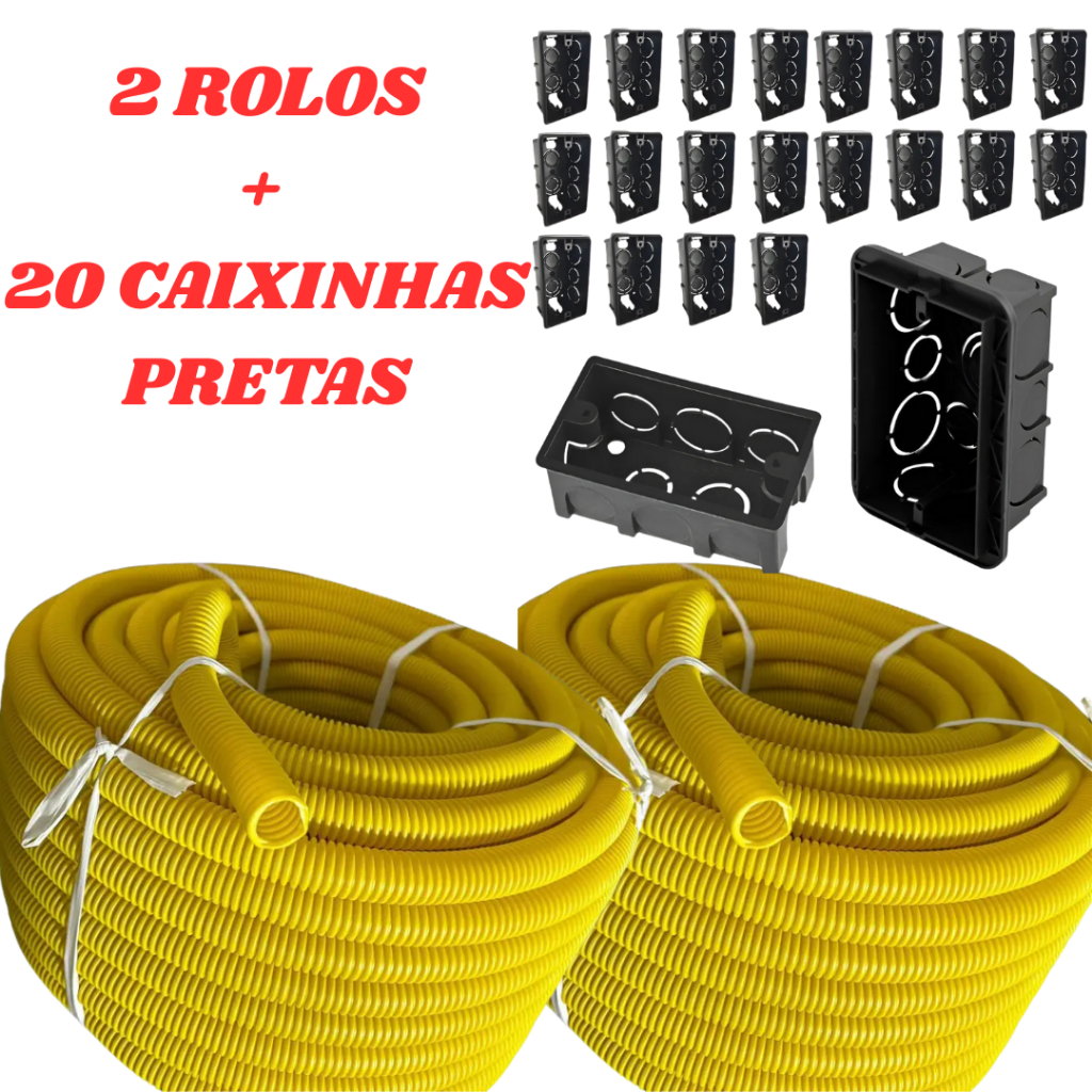 Conduite Eletroduto Corrugado Reforçado kit 2 unidades + 20 caixinhas 4x2 preta