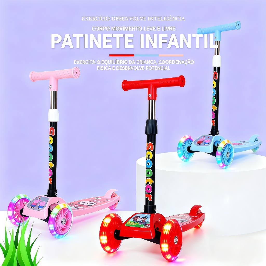 Patinete infantil 3 rodas com led ajustável scooter dobrável menino menina