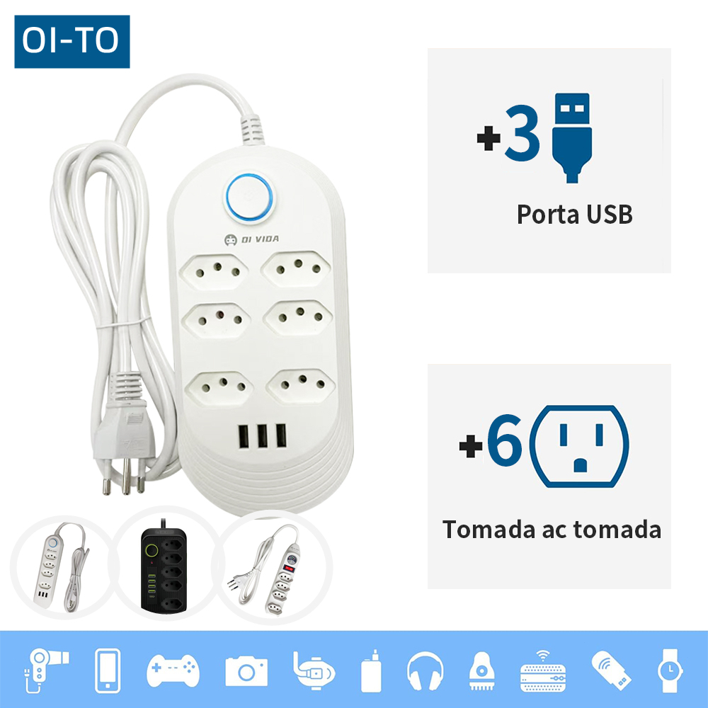 Extensão Elétrica 2m Com 6 Tomadas e 3 Entradas USB com Botão Power Socket 2500W-10A 110v ~ 250v (4 Tomadas Sem USB)