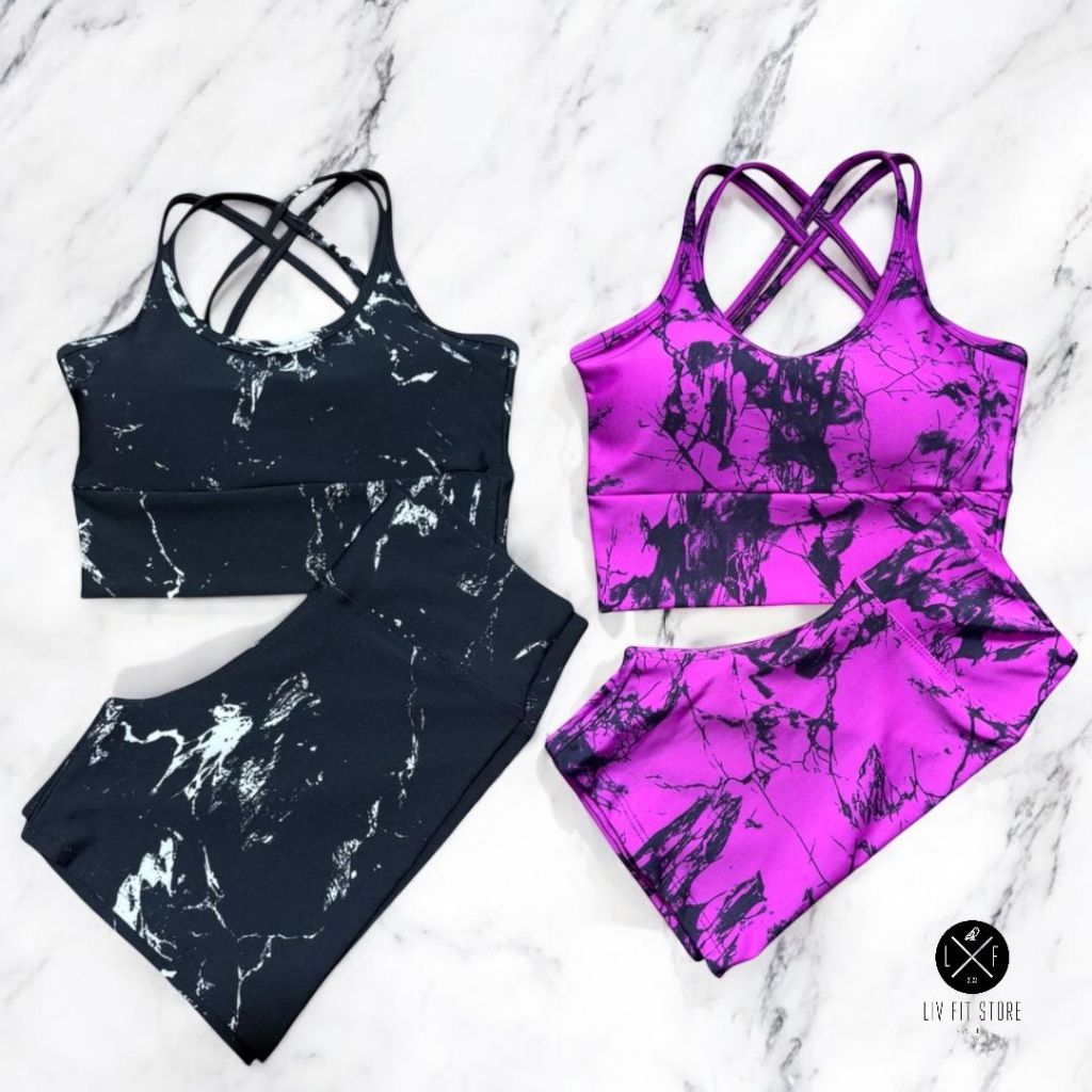 Kit 2 Conjuntos Marmorizado Feminino Bojo Removível + Shorts Cintura Alta Zero Transparência Academi