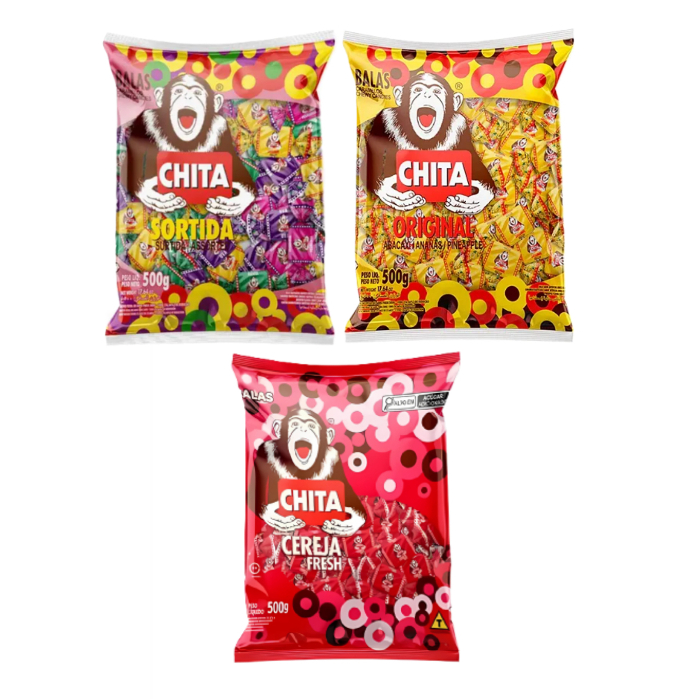 Kit 2 Bala Mastigável Chita Sortida e abacaxi 500g