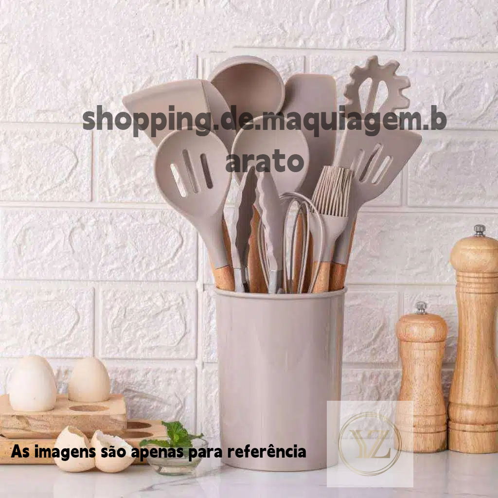 Jogo De Cozinha Kit C/12 Peças De Premium Silicone Utensílios E Copo Suporte Para Cabo De Madeira em Oferta na Shopee