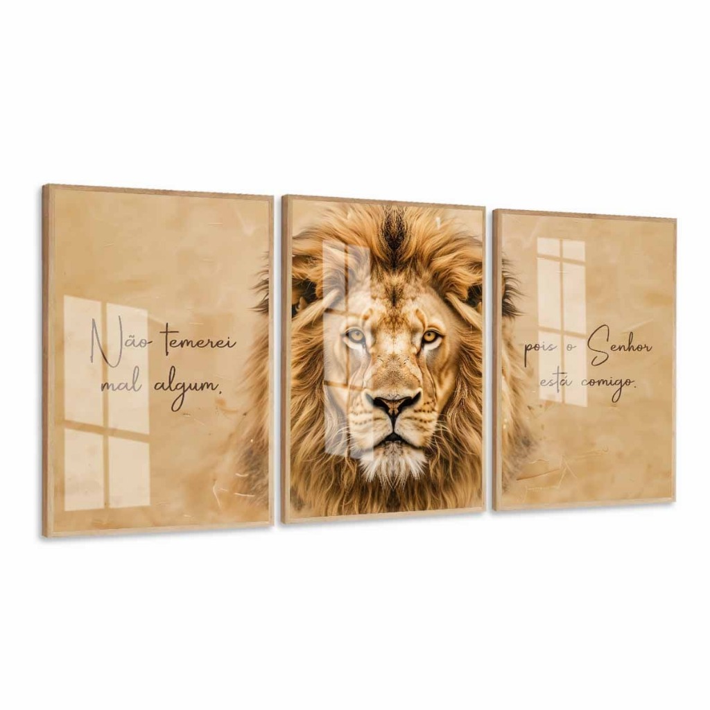 Kit 3 Quadros Decorativo - Leão Frases Tons Bege Marrom  Moldura e Vidro Sala Quarto Corredor