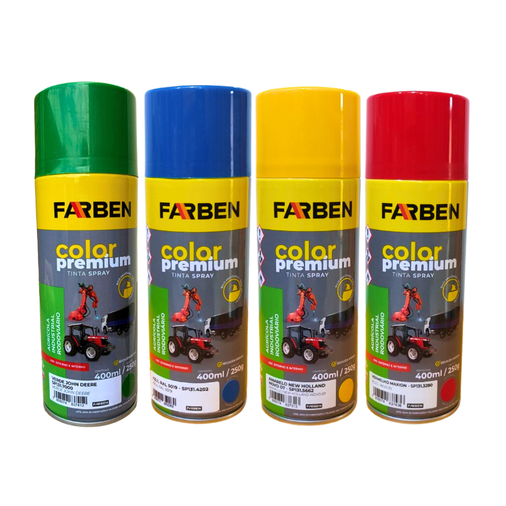 Tinta Spray Industrial Farben -  Azul Ral, Verde John Deere, Amarelo New Holland, Vermelho Maxion