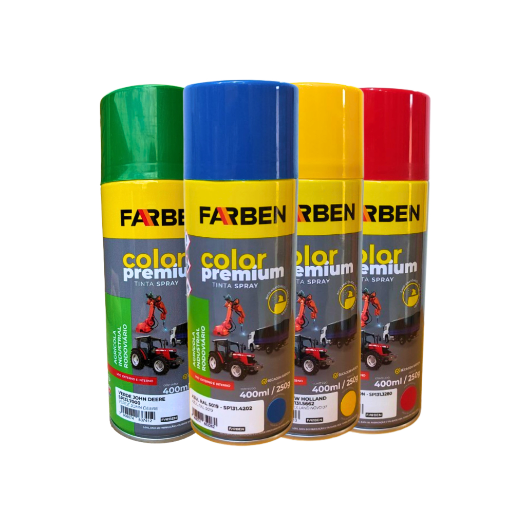 Tinta Spray Rodoviária Farben -  Vermelho Maxion, Verde John Deere, Amarelo New Holland, Azul Ral