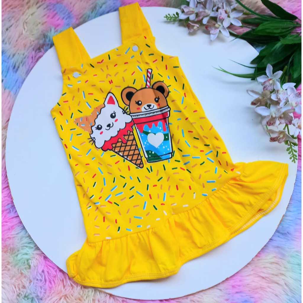 Vestido botão jardineira sorvetinho bebe menina em Oferta na Shopee