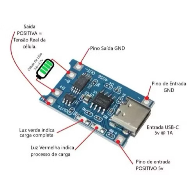 Kit Módulo Carregador de Bateria Usb C 5v 1a 18650 tp4056 Lítio Placa de Carregamento Com Proteção Funções Duplas 1a — imagem 2 de 2