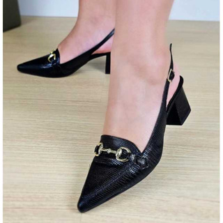 Scarpin Feminino Bico Fino Calcanhar Aberto Enfeite Metalizado Salto Bloco 5cm Elegante em Oferta na Shopee