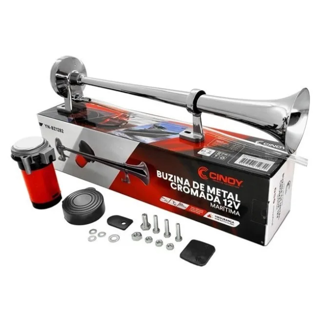 Buzina Ar Com Compressor 12v Metal Cromada Marítima Caminhão Carro Barco Cinoy