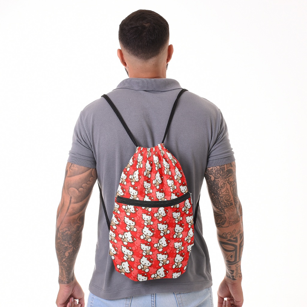 Mochila Saco Coyote® Hello Kitty Vermelha Reforçada com Alça de Corda