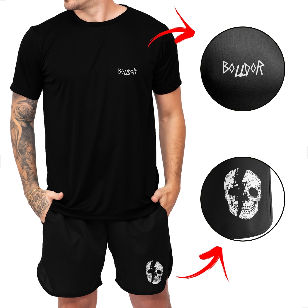 Kit Camisa caveira E Bermuda Caveira Dry Fit Academia 2 V3 Camiseta Masculina Academia