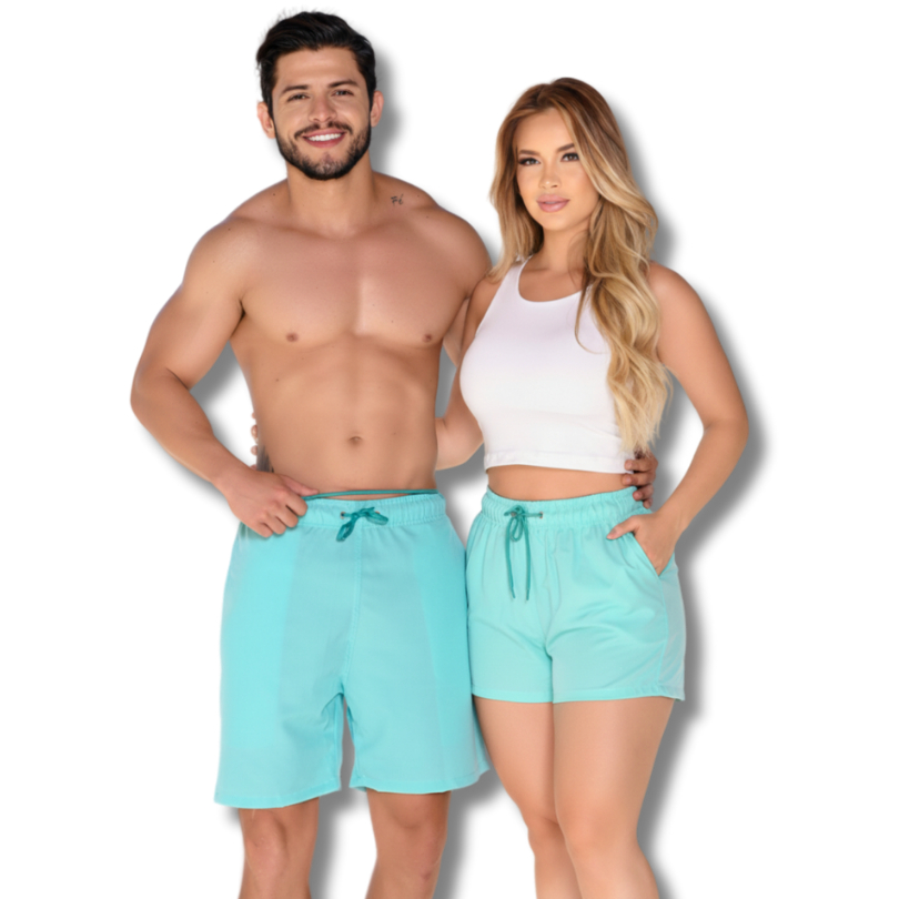 Kit Casal Short Mágico Verde Piscina Secagem Rápida Conforto Praia Piscina