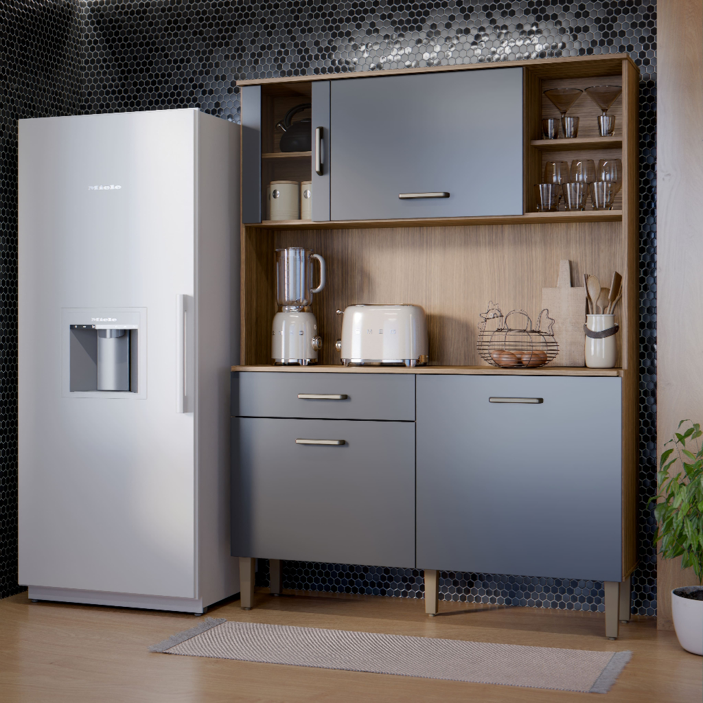 Armário de Cozinha Verona 120cm MDF/MDP Kit Cozinha Balcão+Aéreo Ripado Branco/Damasco Grafite em Oferta na Shopee